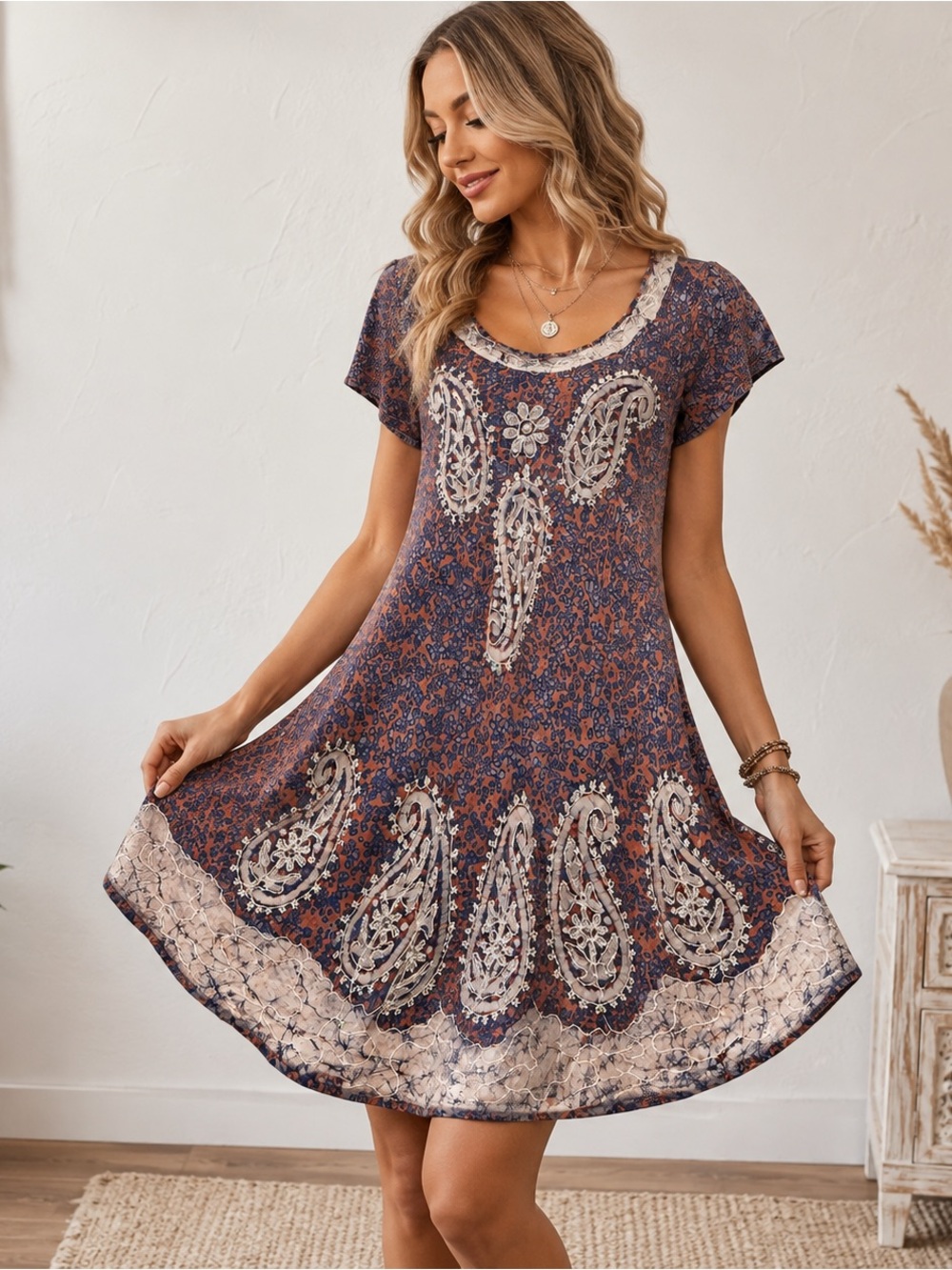 Boho Paisley Embroidered Sequin Handkerchief Hem Tunic Dress